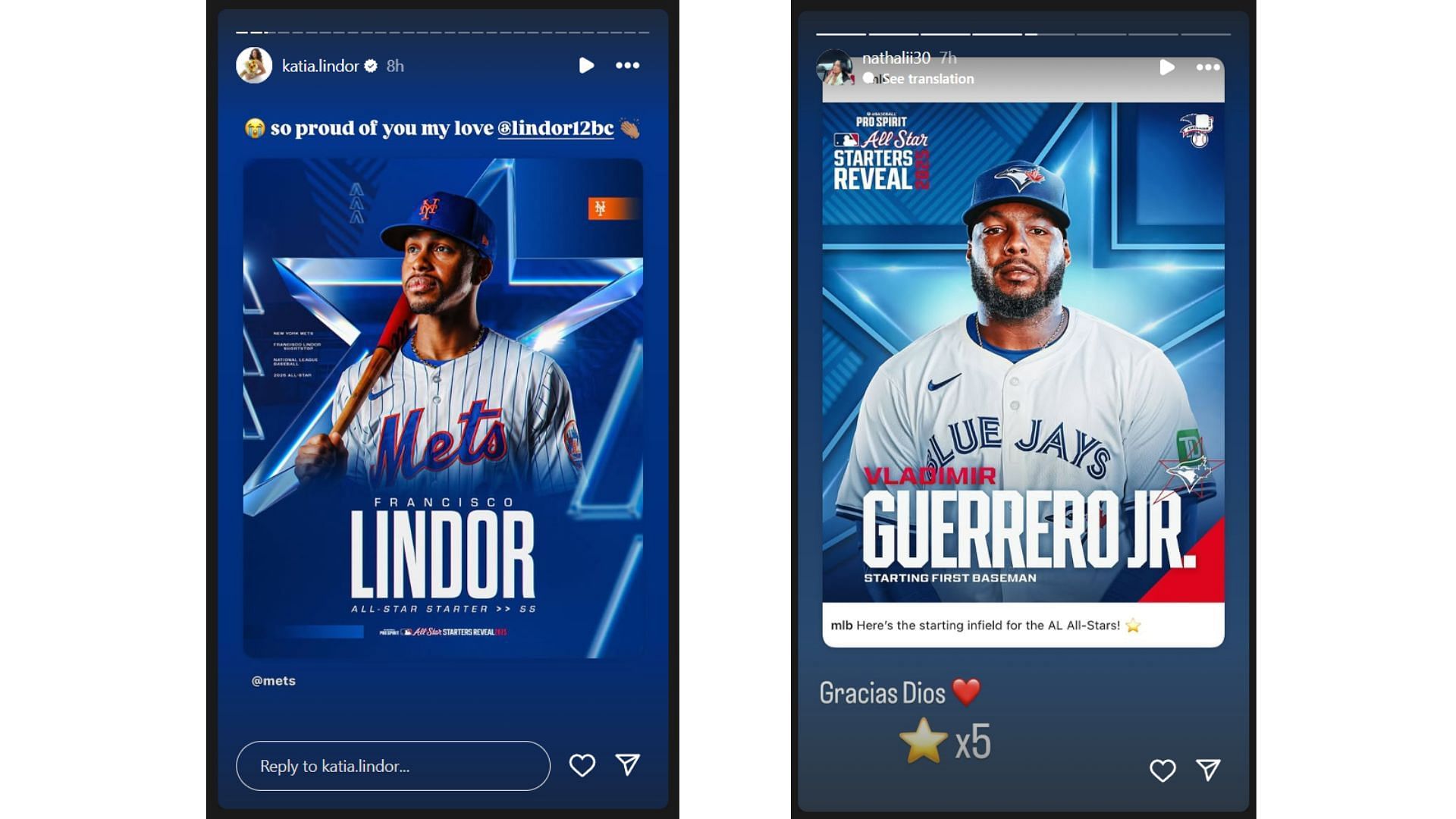 Francisco Lindor's wife Katia and Vladimir Guerrero Jr's wife Nathalie celebrated their husband's All-Star selections. (Source: Instagram @katia.lindor and @nathaliii30)